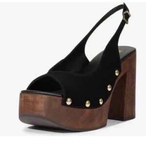 YDN Black Rivet Studded Platform Block High Heeled Sandals Slingback Buckle Shoe